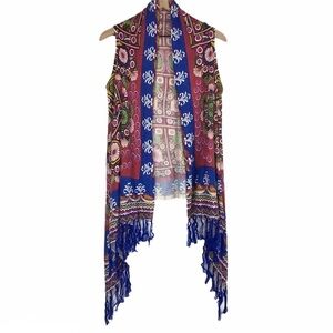 SOHO CHICK Knit Wrap Open Cardigan Fringe Floral Boho Southwestern Size Medium